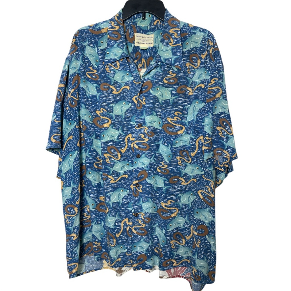 VTG Reyn Spooner Mens XL Blue Dietrich Varez Hawaiian Shirt Fishing Back Scene